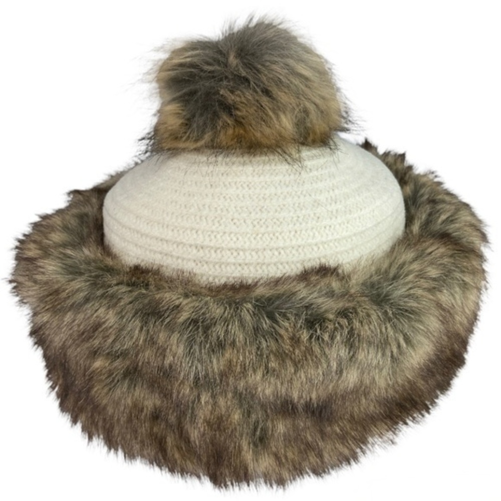 Jaclyn Smith Hat Brown Faux Fur Trimmed and Pom Pom Cream Hat